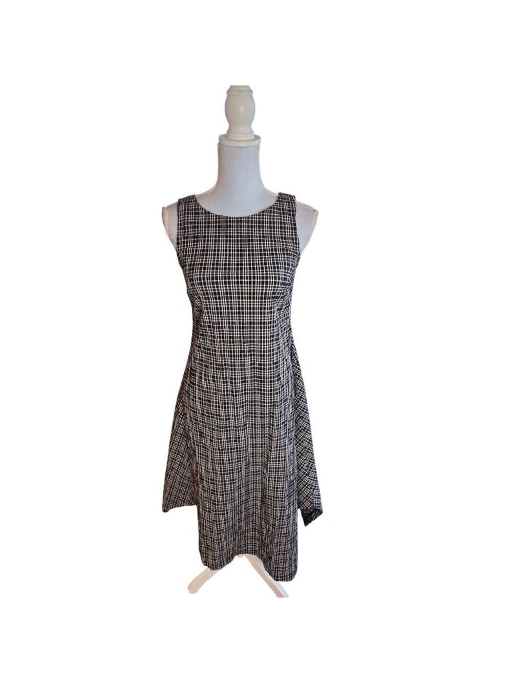 Porto Checkered Sleeveless Midi Dress Black/White Italian Fabric Asymmetric Hem
